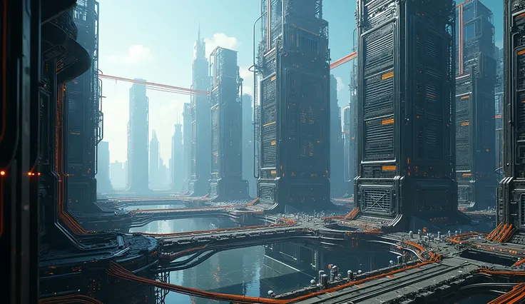 
A massive digital infrastructure with towering servers, fiber optic cables, and futuristic cityscapes.