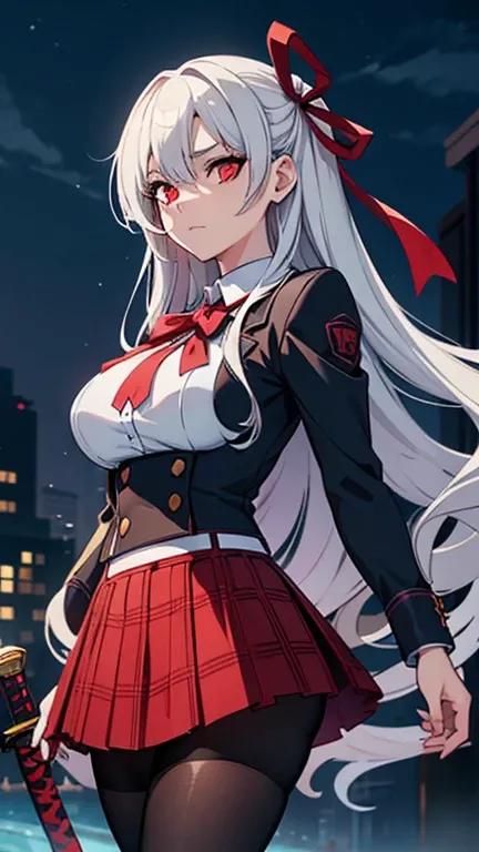 1house wife, silver hair, semi long, wavy hair, covering one eye, ribbon, red eyes, longeyelashes, large breasts, school uniform, plaid skirt, miniskirt, black pantyhose, aroused, with a katana, legs spread, sword fighting, in the city, midnight sky, award...