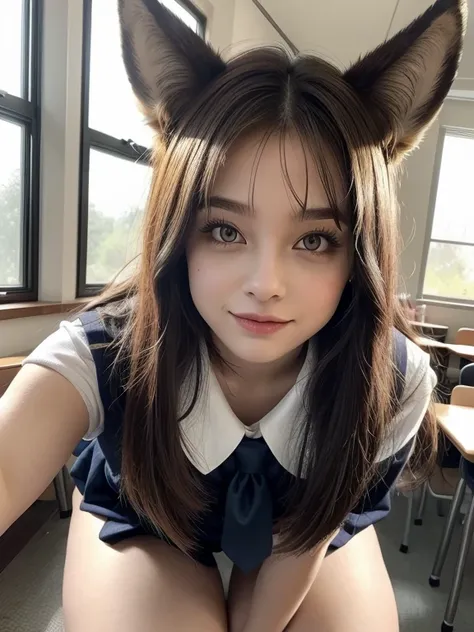 ((Best Quality, 8k)), ((masterpiece)), (Highest Resolution), Perfect Face, Woman with fox ears, Woman with a tail, Beautiful woman, She is a student, Filmed in a classroom, Only one tail, She has thick thighs, Her big fox tail, I can see her fox tail, She ...