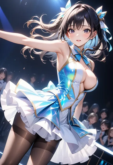 holographic fabric, (((gorgeous idol uniforms, skirt, pantyhose, stiletto heels))), ((shinyコスチューム)), ((skindentation)), skinny, ...