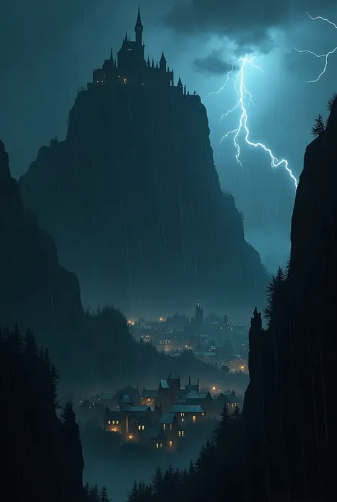 A small medieval gothic town, with only lights inside the buildings, some completely dark, behind and above the cliffs, a dark and eerie castle on top of a high hill, ((heavy rain at night)) a dark sky with two flashes of lightning.