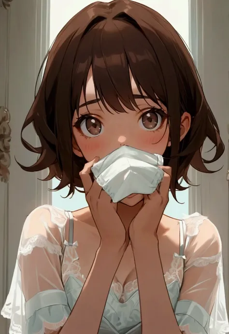 Cute girl staring directly at the viewer,  shes only wearing lingerie, she has short brown hair, closeup on her face, shes looking up at the viewer, shes covering her mouth with her hands