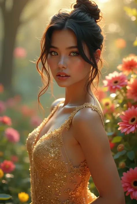 hyper realistic detailed, extremely full body a very sexiest and very beautiful and gorgeous sexiest woman in a gold dress, messy updo black brown color hair, blue eyes, standing in a garden, fantasy art, glittering and soft, lace, girl in flowers, beautif...