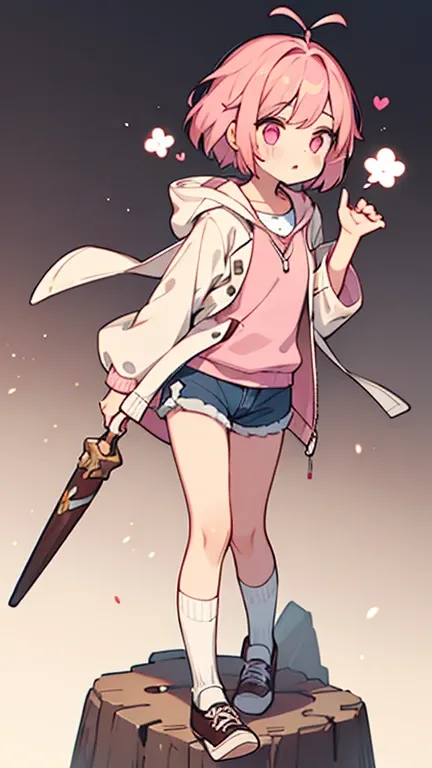 A girl,Pink short hair,pink eyes,Slightly protruding antennae,white shirt,Pink vest,Pink Wizard Hooded Jacket,Beige shorts,white socks,brown student shoes