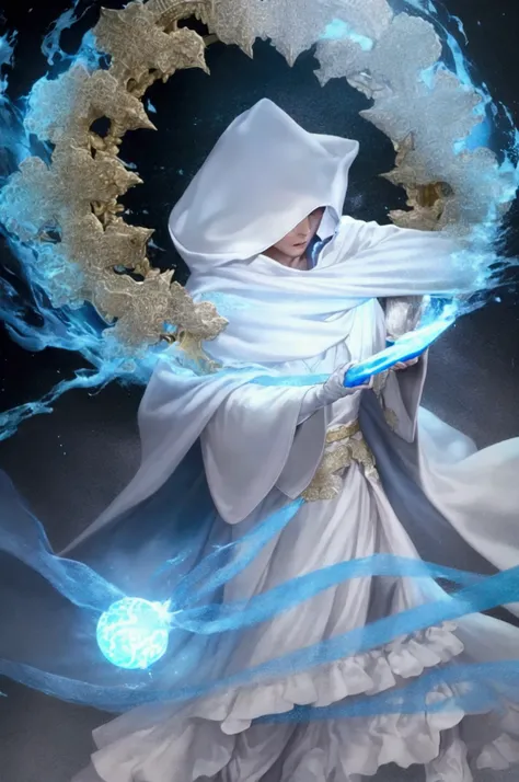 a  boy wearing a white hooded robe covering his face, long white robe, holding a glowing blue orb in his hand, detailed face, photorealistic, 8k, high resolution, masterpiece, cinematic lighting, fantasy, magical, detailed environment, intricate details