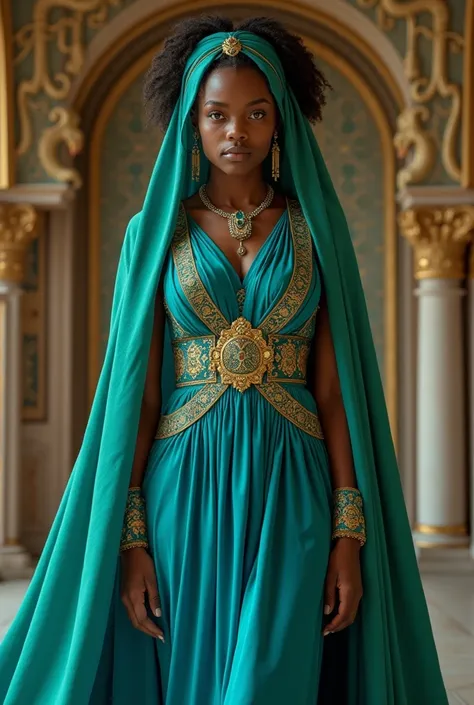 Une femme noire africaine magnifique dans une robe bleue avec une longue écharpe verte, Belles photos de femmes, yeux marron, belle impératrice fantastique, Jan J, style of art gelm, art gelm and ruan jia, extremely detailed art gelm, trending art gelm, ar...