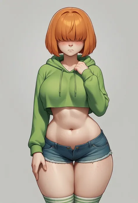 1girl, solo, short messy orange hair, bob cut, hair covering eyes, big breasts, wide hips, thighs, freckles, green hoodie, denim shorts, white tigh high socks, blushed, shy, standing, looking at viewer, simple background, from the front view, touching bell...