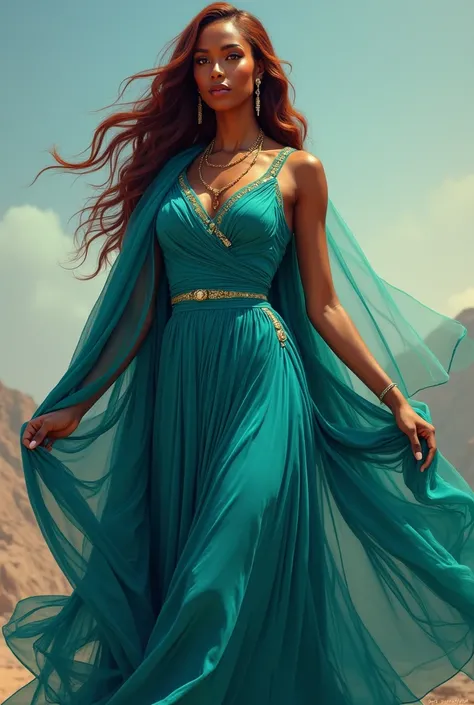 Une femme noire africaine magnifique dans une robe bleue avec une longue écharpe verte, Belles photos de femmes, yeux marron, belle impératrice fantastique, Jan J, style of art gelm, art gelm and ruan jia, extremely detailed art gelm, trending art gelm, de...