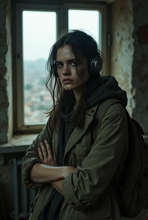 image of actress kristen stwart beautiful sad dressed in an old dirty coat and hood standing with arms crossed looking at a window inside a dark, dilapidated apartment room and a window showing dilapidated buildings outside, Apocalypse, wasteland, She is w...