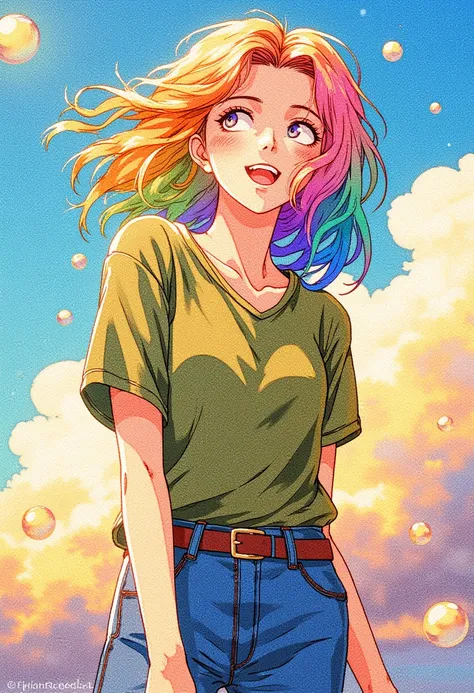 (masterpiece, high quality, Best quality, watercolor , Official Art, Beautiful and aesthetic: 1.2), 1 girl,Rainbow Hair, Olive green shirt, jeans, morning, Smile, Sunny, Cheerful,  (Fractal Art: 1.3), pattern, Waves, Sky, gas, cloud, Colorful, Soap Bubbles