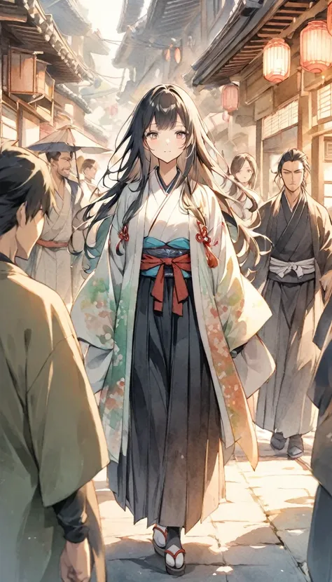 A tall, slender Japanese woman in male samurai attire, depicted in a watercolor anime style. She is dressed in a dark hakama and haori, with a katana at her side, her long hair tied up neatly. Her expression is confident, as she walks alongside her fellow ...