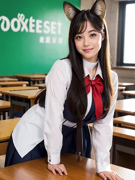 ((Best Quality, 8k)), ((masterpiece)), (Highest Resolution), Perfect Face, Woman with fox ears, Woman with a tail, Beautiful woman, She is a student, Filmed in a classroom, Only one tail, She has thick thighs, Her big fox tail, I can see her fox tail, She ...