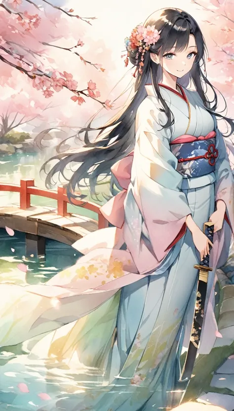 A tall, elegant Japanese woman in a traditional kimono, depicted in a watercolor anime style. She stands confidently with a calm smile, her katana resting at her side, ready for a duel. Her long black hair flows gently behind her, adding to her graceful ap...