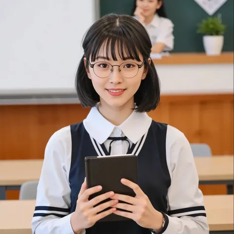 An Korean Beautiful Wearing Very Thin Frame Spectales looking at the viewer wearing korean girls school dress holding a medium sized dictionary with an cute smile. She is mist famous girl of her school she is very multi talented and hard working 