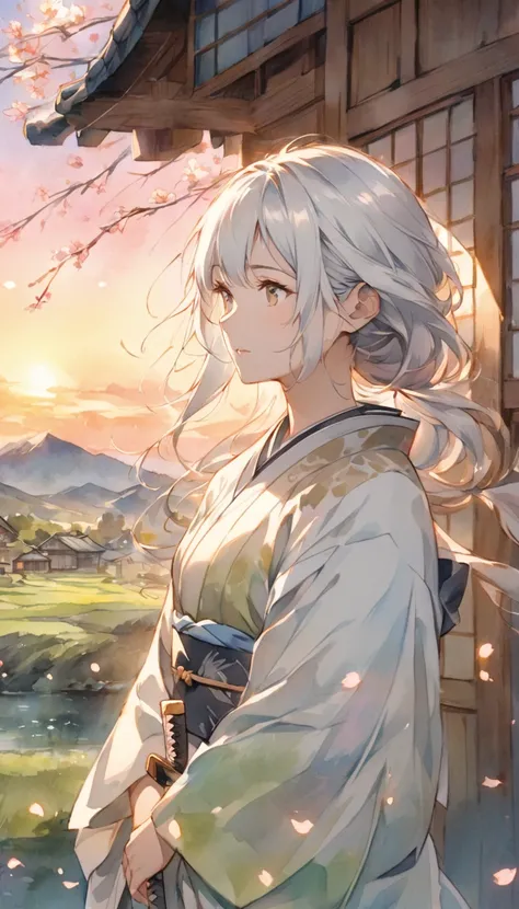 An older Japanese woman in her 30s, depicted with long, flowing white hair, dressed in a refined kimono, standing alone in a peaceful rural setting, in a watercolor anime style. She gazes into the distance with a thoughtful expression, her katana resting a...