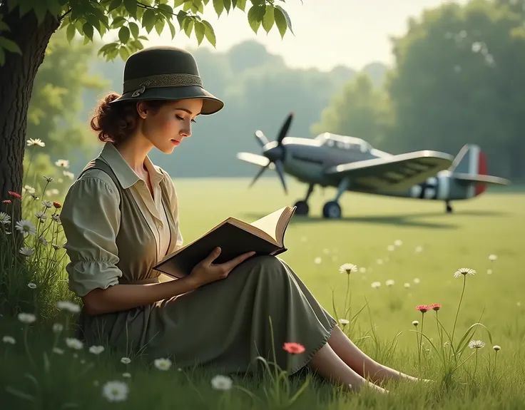 Beautiful German woman reading a book in the grass, Clothing in the 1940s。A Messerschmitt BF109 flying in the distance