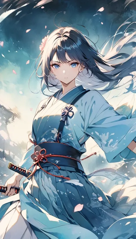 A strong and graceful Japanese woman in samurai attire, depicted in a watercolor anime style with an overall blue color palette. She stands in a defensive stance, her katana raised in a ready position, her face showing calm resolve. The background is a cha...