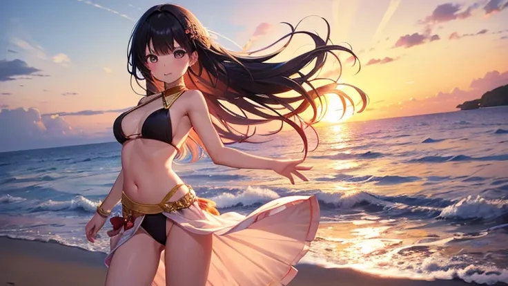 Young female dancer、Wearing a revealing outfit with the sunset as the background、Passionate dancing on the beach。Hair and clothes fluttering in the wind、A scene that epitomizes her free spirit。