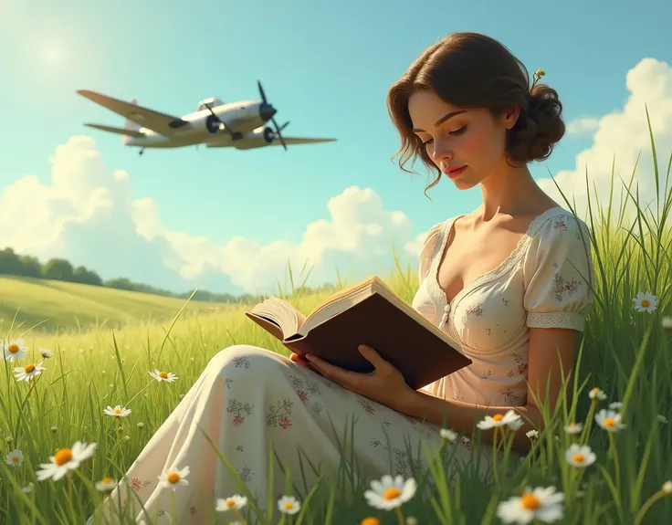 Beautiful woman reading in the grass, Clothing in the 1940s。A Grumman F6F flying in the distance