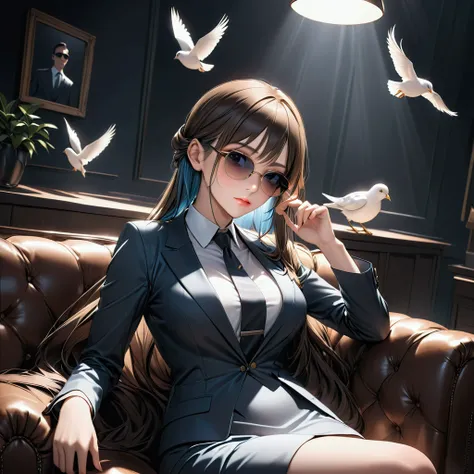 Mysterious female secretary in a suit sits on a sofa in a dark room.. High resolution, 1 girl, Solo, Long hair, Brown hair, Black hair, Blue hair, Sunglasses on the head, Dutch Angle, Masterpiece, She is a woman with a calm and cool face, wearing a white d...