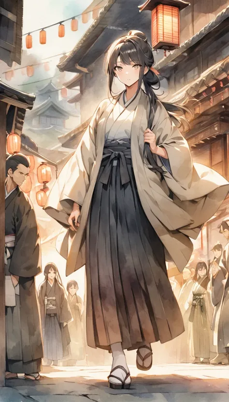 A tall, slender Japanese woman in male samurai attire, depicted in a watercolor anime style. She is dressed in a dark hakama and haori, with a katana at her side, her long hair tied up neatly. Her expression is confident, as she walks alongside her fellow ...