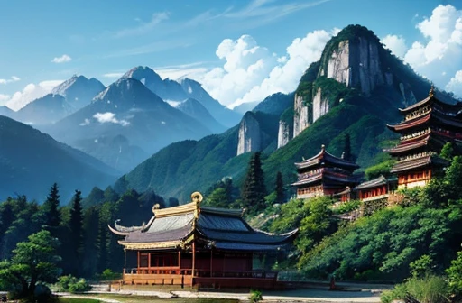 painting of a temple in china、with mount huangshan in the background