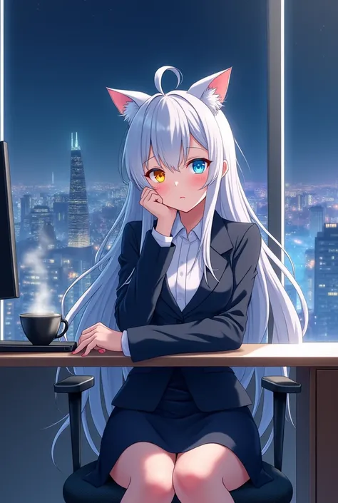 anime style ,One woman, long whitehair, heterochromia,yellow right eye,blue left eye, , light azure cat ears , solo,breasts, Office lady,modern office,Sitting with legs crossed,high heels,Tailored skirt suit,White blouse underneath,Large windows,night city...