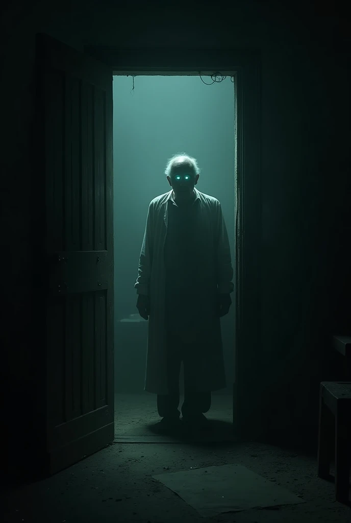 In a dark room, a mysterious old man stands at the doorway with glowing eyes. Bhimrao Ambedkar is standing at the door, looking at the old man with a mix of surprise and suspicion. There is a palpable sense of mystery and tension in the air.