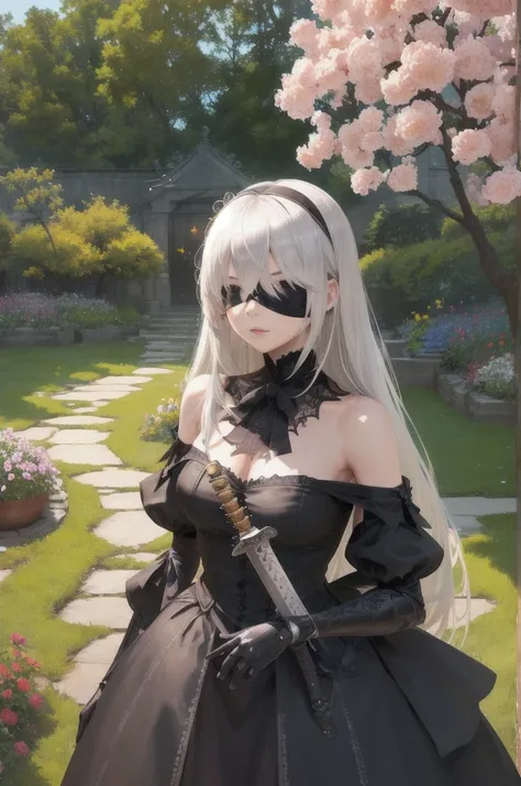 automata inspired、Nier automata Characters、Nier automata Cosplay、(High Resolution、4K、highest quality) Inspired by Nier、A girl in a black outfit holding a sword: automata。、((Both eyes are completely covered with a black blindfold.))、Delicate and beautiful s...