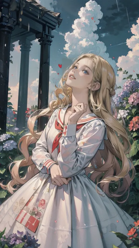 Best Quality,masterpiece,Watercolor style,girl,blonde,blue eyes,White Dress,Red Ribbon Hydrangea,after the rain,rainbow,Looking up at the sky,smile,The light spreads,White Dress,Sailor collar,Long sleeve,Dark blue on the cuff,Line on the cuff,,Shortcuts,