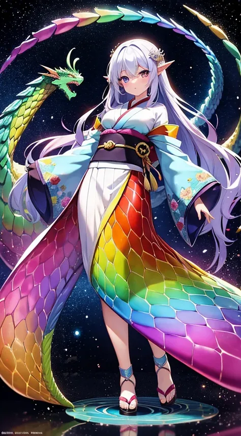 (majestic dragon woman, iridescent scales, flowing rainbow hair) (human-dragon hybrid, elegant kimono, ethereal aura) break
(shi...