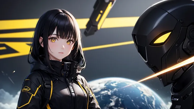 from future intelligence、background technology、confident look、space black pioneer dress、yellow eyes、black hair