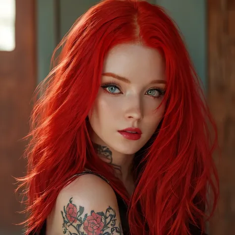 Young sexy woman with red hair and tattoos posing for a picture, colored, rothaarig, red haired goddess, portrait shot, red hair girl, with red hair, redhead girl, red hair, im Stil von Anne Stokes, red haired girl, she has red hair, Rothaarige Frau, with ...