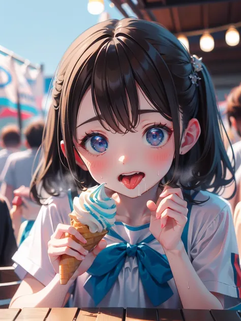 ((nsfw:1.5)),in a lively outdoor setting, the grand finale of the ice cream licking world championship draws a crowd eager to wi...