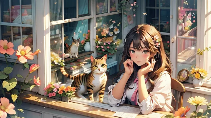 Anime girl looking out the window with a cat and a bird, Lo-fi portrait in the window, Lopa girl, Girl on the windowsill, placed on the windowsill, Lopa girl aesthetic, Animated pictures, Animation aesthetics, Cute art style, seasons!! : 🌸 ☀ 🍂 ❄, Sit with ...