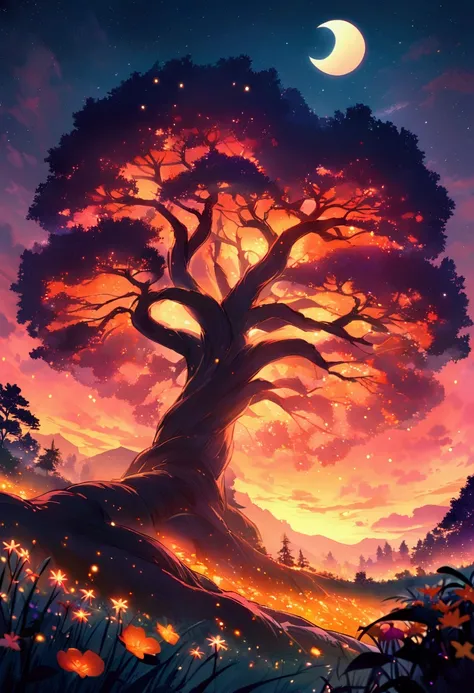 An enchanting anime-style nighttime landscape featuring a massive, ancient tree with a thick trunk and sprawling roots. The tree’s lush canopy glows softly with golden light as fireflies float around it, creating a magical atmosphere. The sky above is fill...