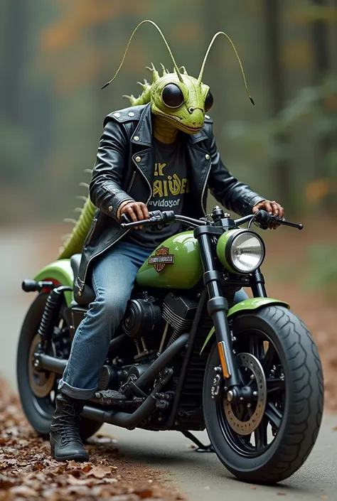 hybrid animal, Grasshopper with a well-defined body, sitting human style, wearing jeans, Black boots, Iron Maiden rock band shirt, black leather jacket, rock style, sitting on a Harley motorcycle, well defined wheels and bike, super detailed, high definiti...