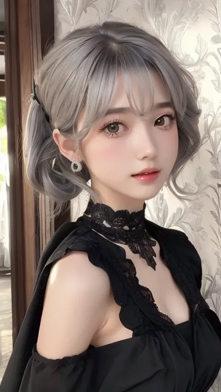 ((wallpaper 8k)), ((Surreal)), ((Quality in every detail:1.2)), 1 girl, １４、Kind eyes、Fuller lips、Gray hair、Fatigue、(((Small breasts、Small breasts、)))、black elegant dress,black capelet, look up, Widespread poverty, Shortcuts、Short Hair Twintails、Gray hair:1...