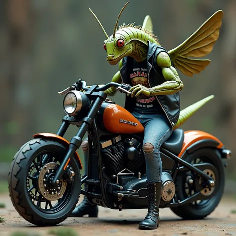 hybrid animal, Grasshopper with a well-defined body, sitting human style, wearing jeans, Black boots, Iron Maiden rock band shirt, black leather jacket, rock style, sitting on a Harley motorcycle, well defined wheels and bike, super detailed, high definiti...