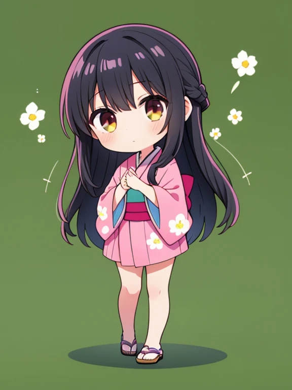 1girl,flower pattern , pink kimono,black hair,brown eye,long hair,chibi,standing, put hands on body, full body,green background