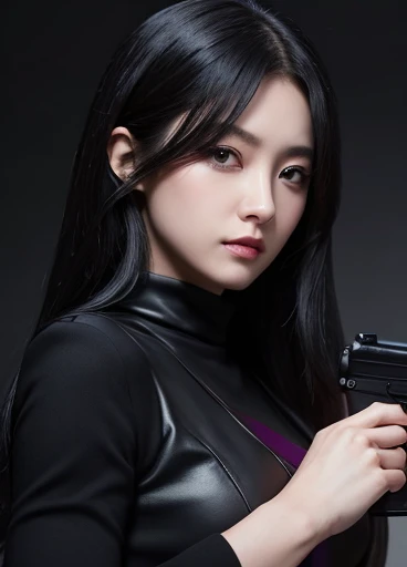 Black Dress、Jet Black、Long Black Hair、female、A little adult、assassination、gun、cool、{gun}、{Sharp}、red、{Purple Eyes}、{Glass}、{Face close-up}、assassination者、{darkness}{少female}{Dark Background}{Black hair straight}{gun}{Black coat}、whole body