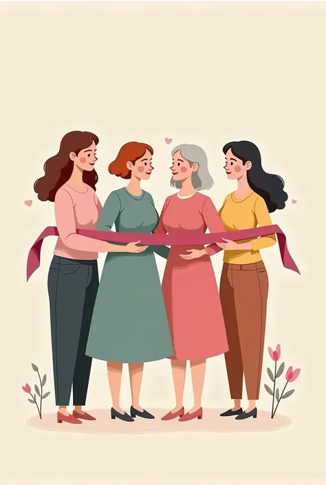 a teenage woman, another young woman, another adult and finally an elderly woman. They are holding a dark pink ribbon and have a serene look. Women have different physical characteristics. do it in a cartoon style, with simple shapes, without many details.