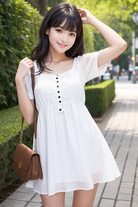 High resolution,bangs,Black Hair, Brown eyes、chest、D cup、Shortcuts,　　　 Cute face、Natural Makeup、smile、
166 cm、22 years old、Model body type、White Dress、Handbags