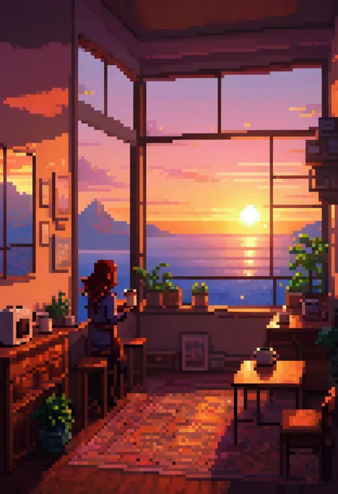 fun pixel art nice room, first person girl with hands on coffee, look sunset on windows, good details, 