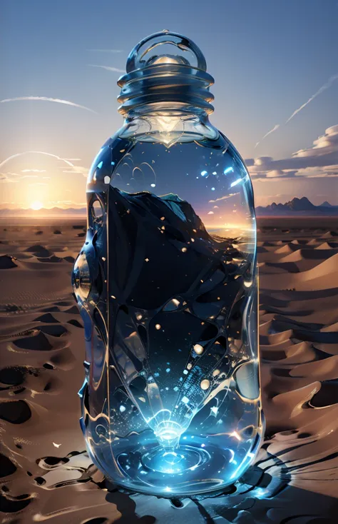 a world in a bottle、a world dominated by light bulbs、light bulb in desert clouds blue sky、sand spilling out of the light bulb、th...