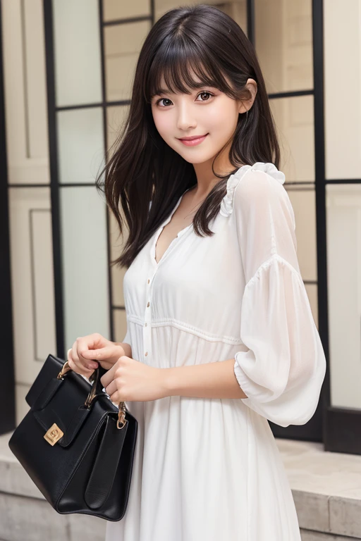 High resolution,bangs,Black Hair, Brown eyes、chest、D cup、Shortcuts,　　　 Cute face、Natural Makeup、smile、
166 cm、22 years old、Model body type、White Dress、Handbags