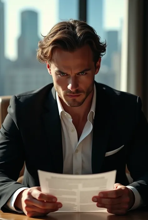 a handsome man with fair skin, short wavy chestnut brown hair with loose curls, blue eyes and muscular body, wearing a well tailored black suit, he’s sitting at his chair inside his office with a beautiful view to New York City. He holds a piece of paper, ...