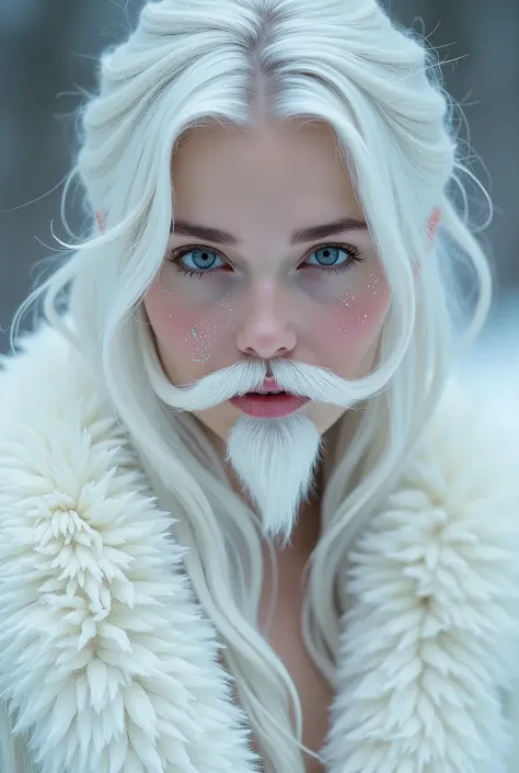 Ultra-Realistic precision portrait, a young snow-queen bearded woman with a real natural medium real white beard and moustache, natural white medium-long hair, with beautiful eyes, solo, wearing a white fur coat, looking at the viewer, no shirt underneath,...