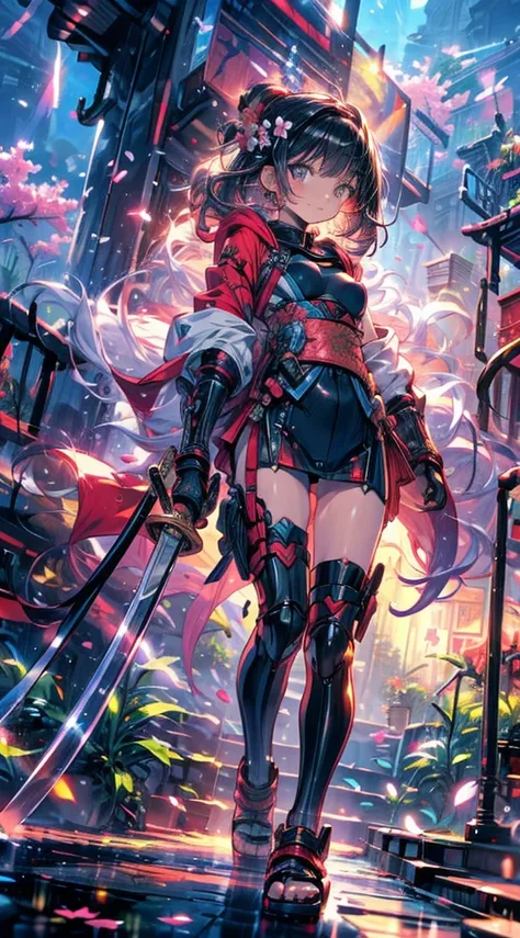 (determined female warrior, crimson armor, long black hair) (katana with glowing red aura, cherry blossom petal falling) BREAK
(Japanese village, mountainous background, dawn sky) BREAK
(digital art, anime style, highly detailed) BREAK
(full body shot, war...