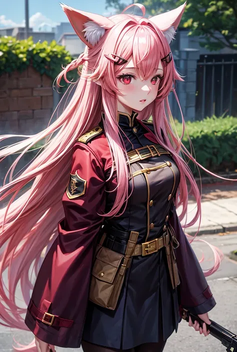 1girl, Long Hair, High Resolution, Red Eyes, Fox Ears, Parted Lips, Hair Clip, pink hair, Soldiers clothes 